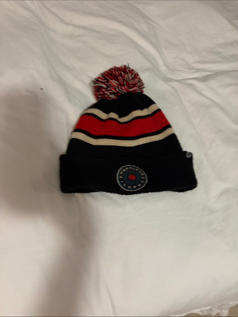 Portland Thorns Women's Pom Pom Beanie Hat - Black with Red & Cream Stripes
